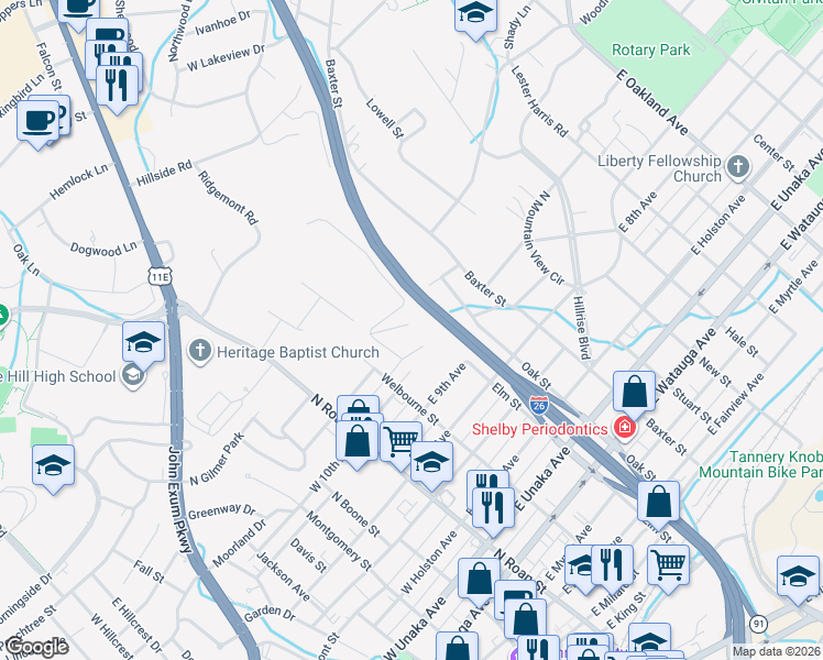 map of restaurants, bars, coffee shops, grocery stores, and more near 1115 Oak Street Extension in Johnson City