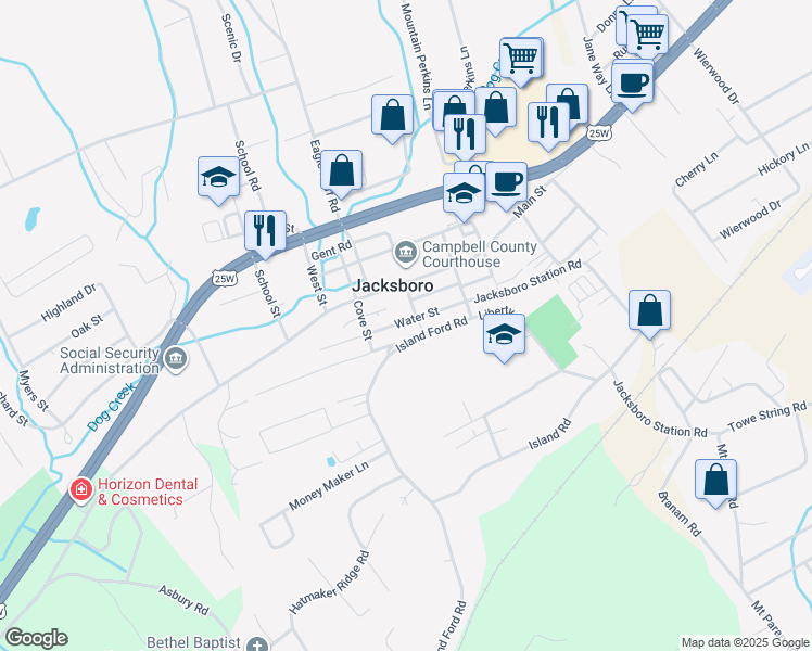 map of restaurants, bars, coffee shops, grocery stores, and more near 175 Water Street in Jacksboro