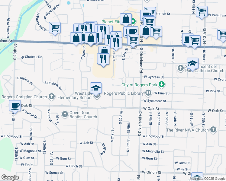 map of restaurants, bars, coffee shops, grocery stores, and more near 2008 West Pine Street in Rogers