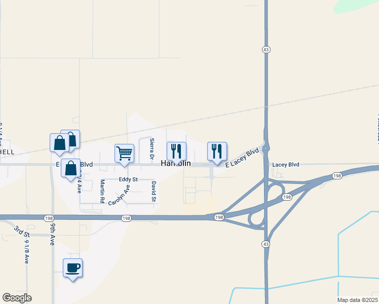 map of restaurants, bars, coffee shops, grocery stores, and more near 9936 Vidaurri Lane in Hanford