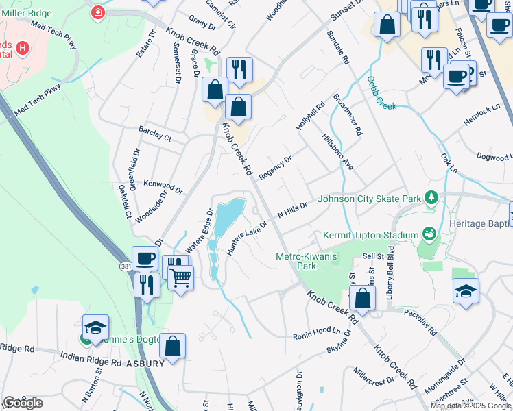 map of restaurants, bars, coffee shops, grocery stores, and more near 1807 Waters Edge Drive in Johnson City