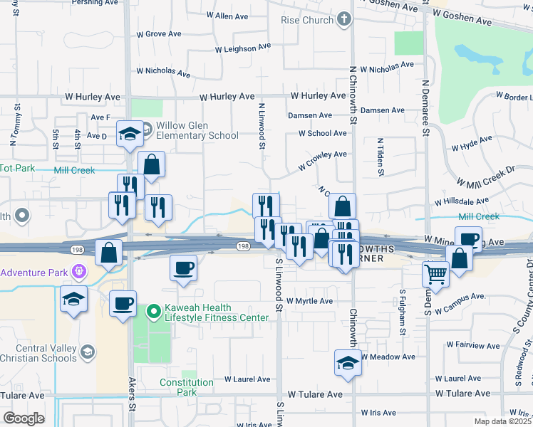 map of restaurants, bars, coffee shops, grocery stores, and more near 209 South Linwood Avenue in Visalia