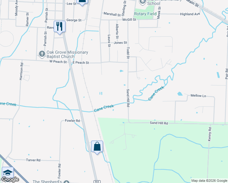 map of restaurants, bars, coffee shops, grocery stores, and more near 342 Sand Hill Road in Gleason