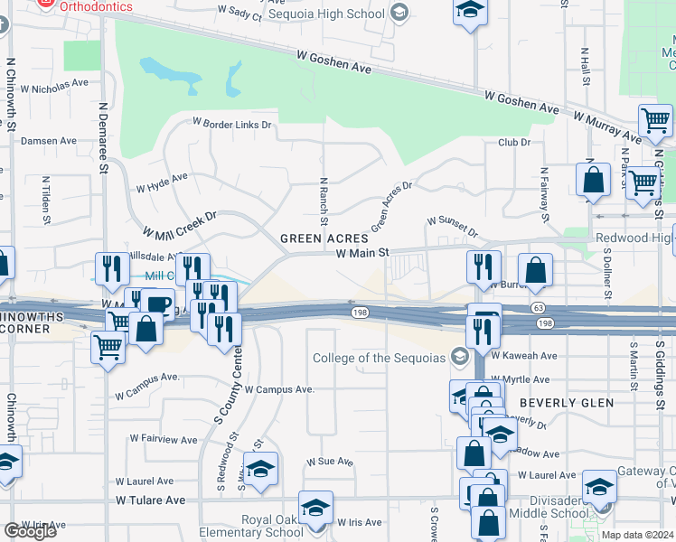 map of restaurants, bars, coffee shops, grocery stores, and more near 4228 West Burrel Avenue in Visalia