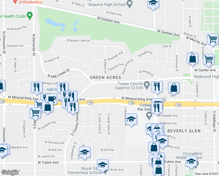 map of restaurants, bars, coffee shops, grocery stores, and more near 4226 West Burrel Avenue in Visalia