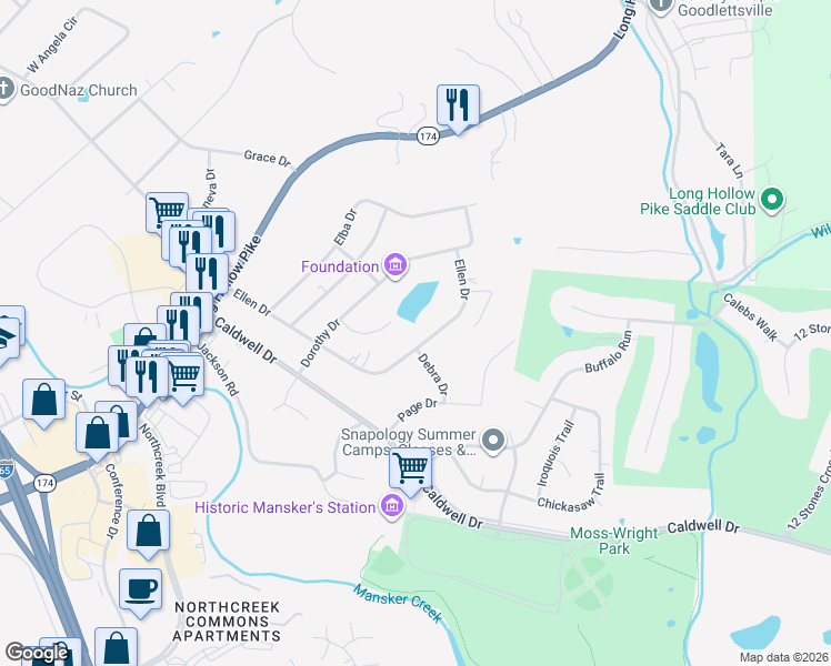 map of restaurants, bars, coffee shops, grocery stores, and more near 602 Ellen Drive in Goodlettsville