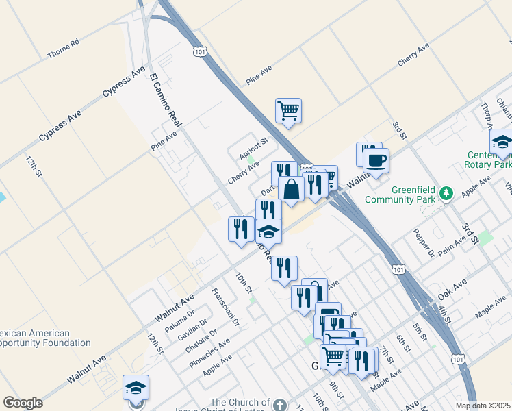 map of restaurants, bars, coffee shops, grocery stores, and more near 539 El Camino Real in Greenfield