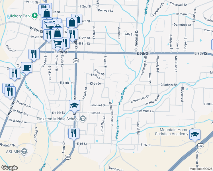 map of restaurants, bars, coffee shops, grocery stores, and more near 1104 Meadowbrook Drive in Mountain Home