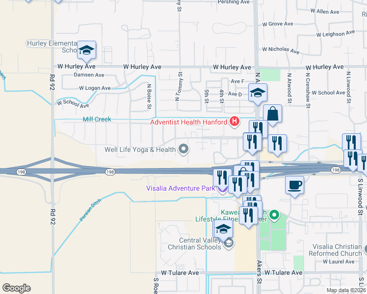 map of restaurants, bars, coffee shops, grocery stores, and more near 147-209 South Cottonwood Court in Visalia