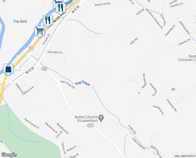 map of restaurants, bars, coffee shops, grocery stores, and more near 111 Stonebrook Loop in Elizabethton