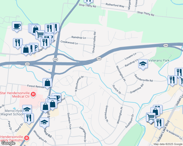 map of restaurants, bars, coffee shops, grocery stores, and more near 908 Cardinal Lane in Hendersonville