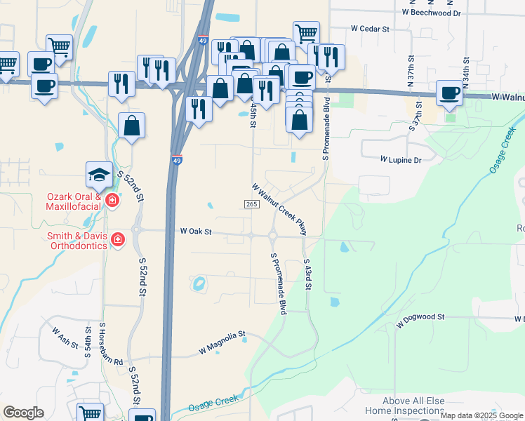 map of restaurants, bars, coffee shops, grocery stores, and more near 750 South Promenade Boulevard in Rogers