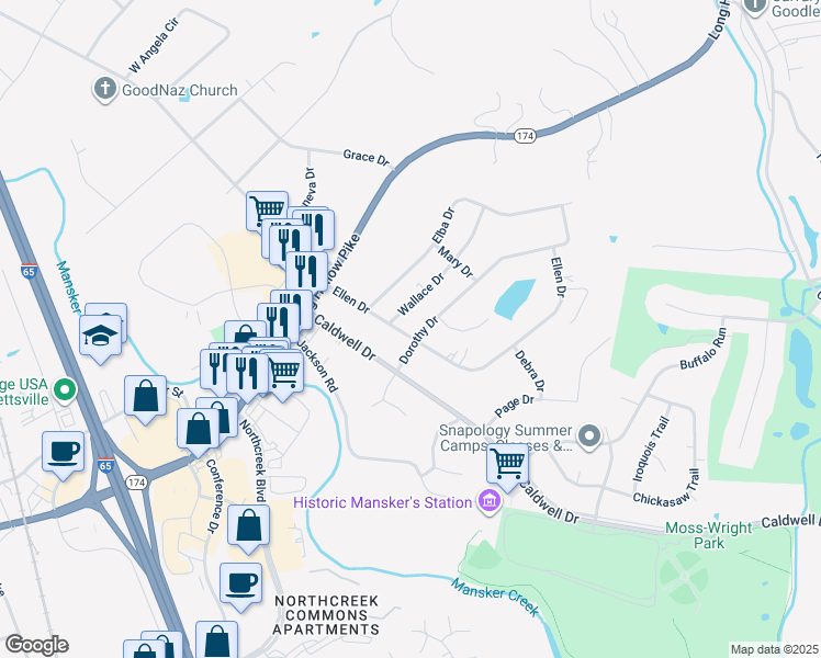 map of restaurants, bars, coffee shops, grocery stores, and more near 304 Ellen Drive in Goodlettsville