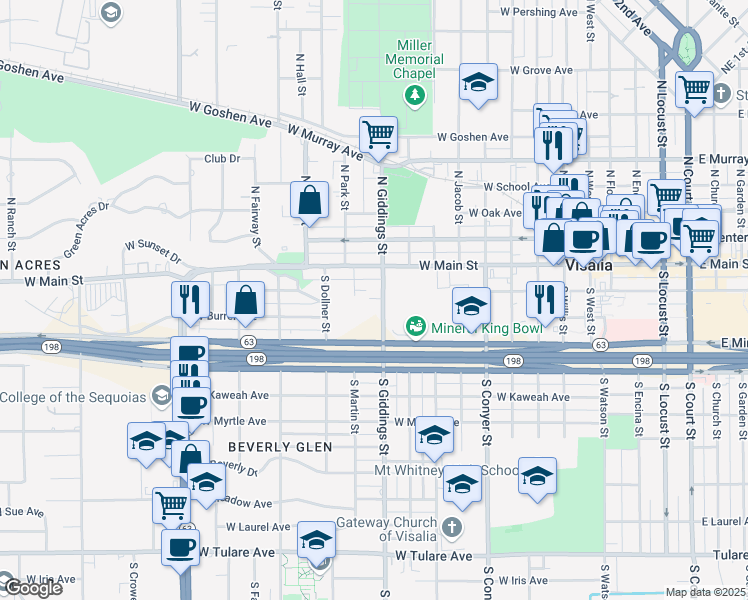 map of restaurants, bars, coffee shops, grocery stores, and more near 201 South Giddings Street in Visalia