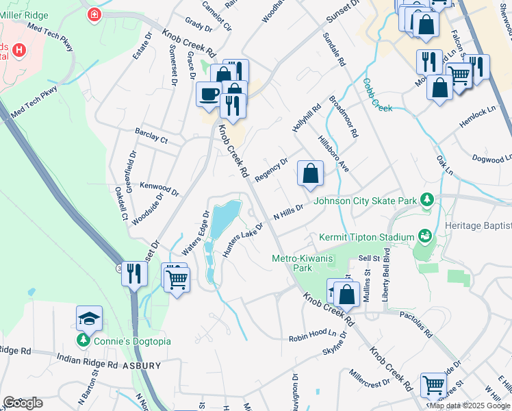map of restaurants, bars, coffee shops, grocery stores, and more near 1807 Waters Edge Drive in Johnson City