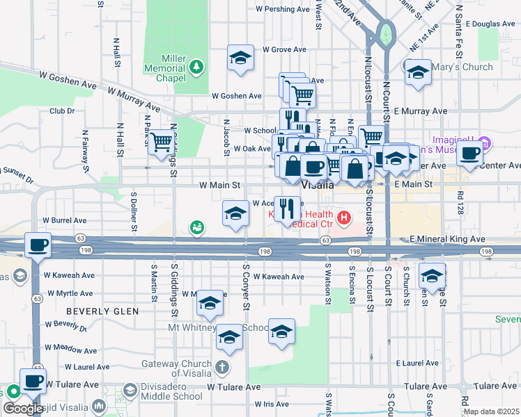 map of restaurants, bars, coffee shops, grocery stores, and more near in Visalia