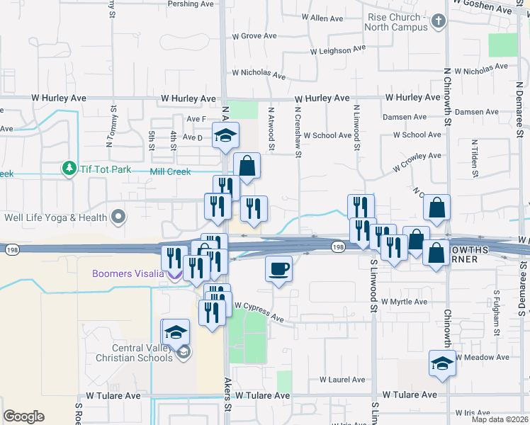 map of restaurants, bars, coffee shops, grocery stores, and more near 5020 W Mineral King Ave in Visalia