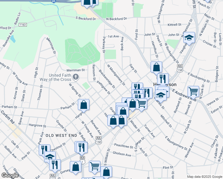 map of restaurants, bars, coffee shops, grocery stores, and more near 320 Pettigrew Street in Henderson