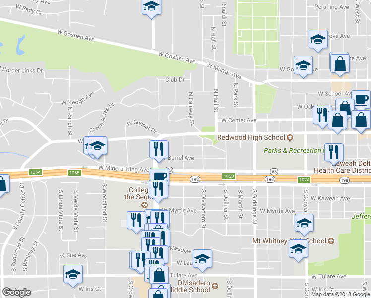 map of restaurants, bars, coffee shops, grocery stores, and more near 1635 West Linden Avenue in Visalia