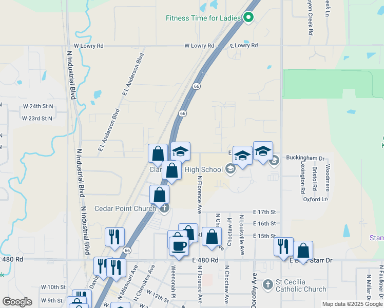 map of restaurants, bars, coffee shops, grocery stores, and more near 1910 North Florence Avenue in Claremore