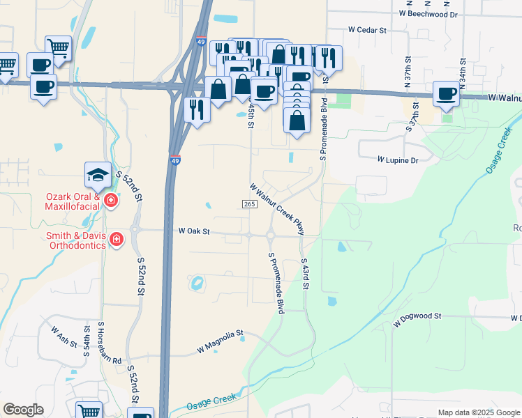 map of restaurants, bars, coffee shops, grocery stores, and more near 750 South Promenade Boulevard in Rogers