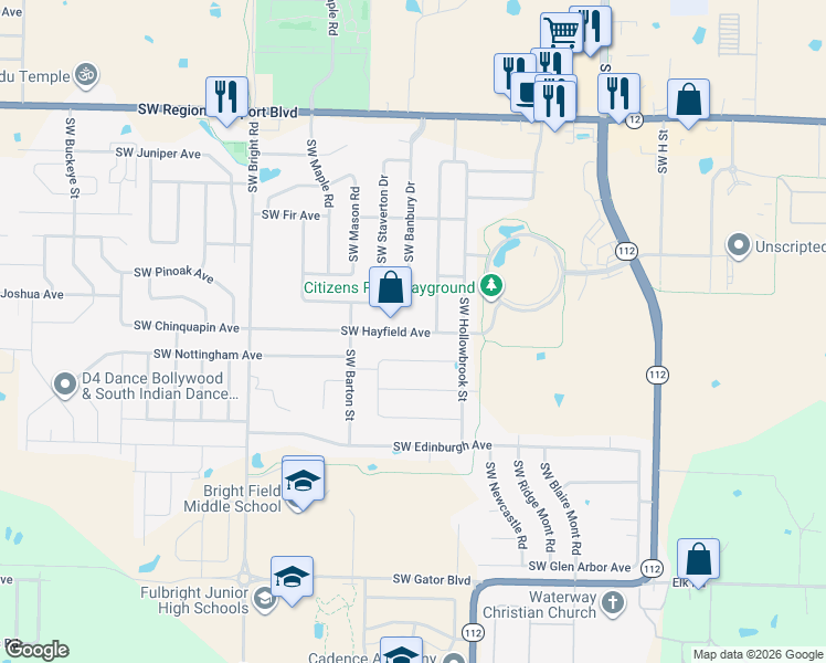 map of restaurants, bars, coffee shops, grocery stores, and more near 1505 Southwest Hayfield Avenue in Bentonville