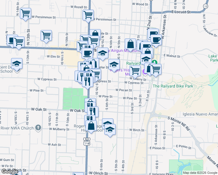 map of restaurants, bars, coffee shops, grocery stores, and more near 612 South 6th Street in Rogers