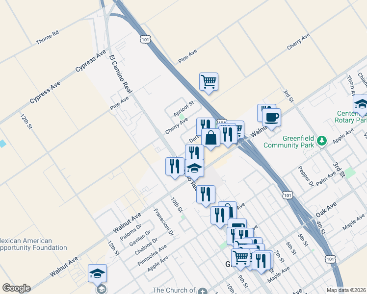 map of restaurants, bars, coffee shops, grocery stores, and more near 539 El Camino Real in Greenfield
