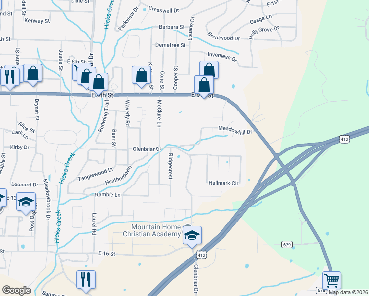 map of restaurants, bars, coffee shops, grocery stores, and more near 1559 Glenbriar Drive in Mountain Home