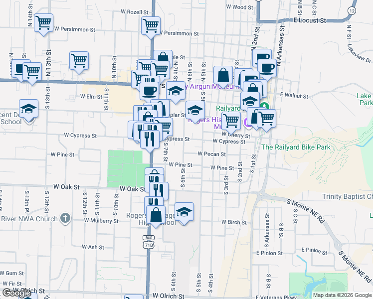 map of restaurants, bars, coffee shops, grocery stores, and more near 525 South 6th Street in Rogers