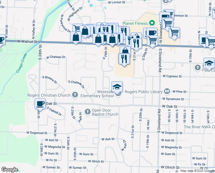 map of restaurants, bars, coffee shops, grocery stores, and more near 815 South 24th Street in Rogers