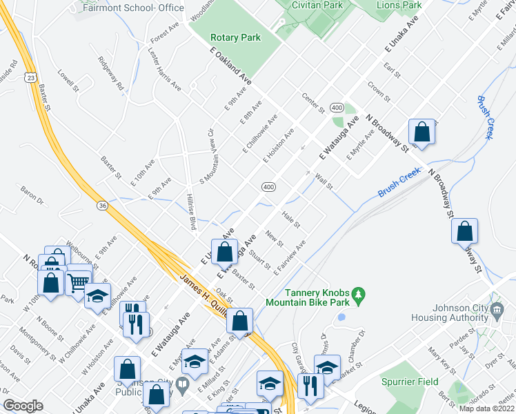 map of restaurants, bars, coffee shops, grocery stores, and more near 708 East Unaka Avenue in Johnson City