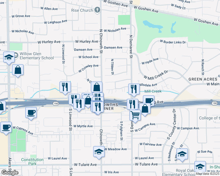 map of restaurants, bars, coffee shops, grocery stores, and more near 3940 West Hillsdale Court in Visalia