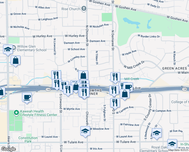 map of restaurants, bars, coffee shops, grocery stores, and more near 4017 West Hillsdale Court in Visalia