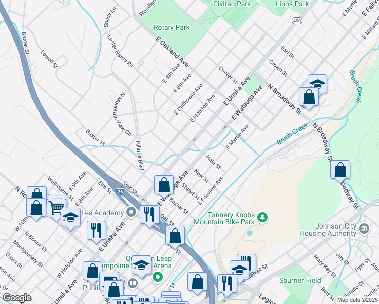 map of restaurants, bars, coffee shops, grocery stores, and more near 614 East Unaka Avenue in Johnson City