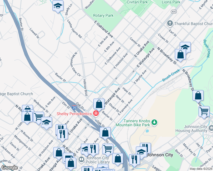 map of restaurants, bars, coffee shops, grocery stores, and more near 614 East Unaka Avenue in Johnson City