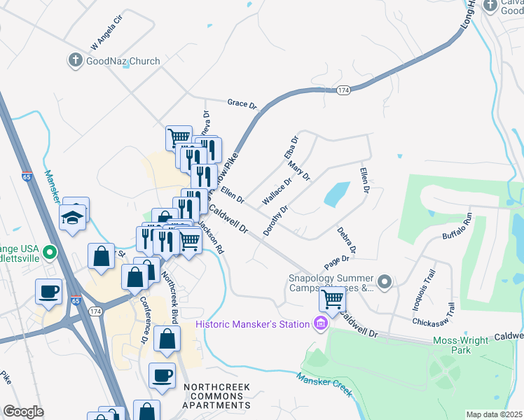 map of restaurants, bars, coffee shops, grocery stores, and more near 304 Ellen Drive in Goodlettsville