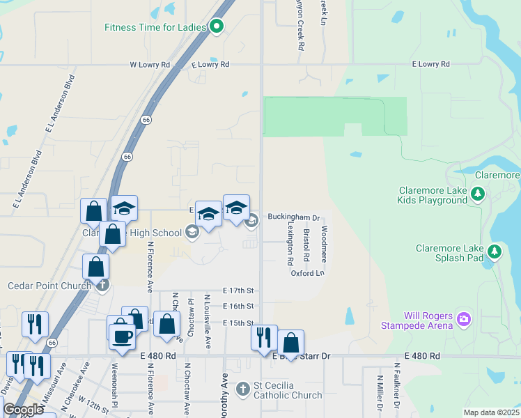map of restaurants, bars, coffee shops, grocery stores, and more near 2001 North Sioux Avenue in Claremore