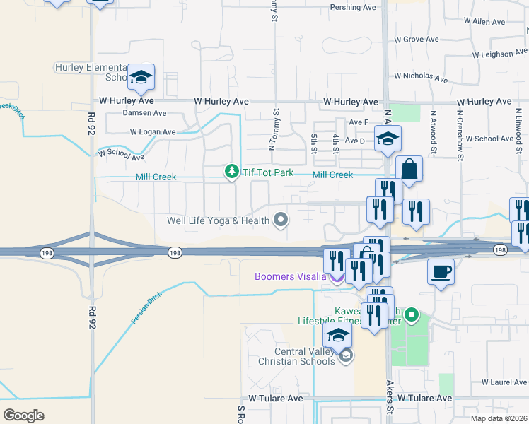 map of restaurants, bars, coffee shops, grocery stores, and more near 147-209 South Cottonwood Court in Visalia