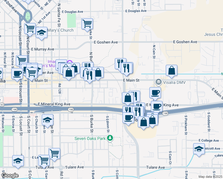 map of restaurants, bars, coffee shops, grocery stores, and more near 1121 East Acequia Avenue in Visalia