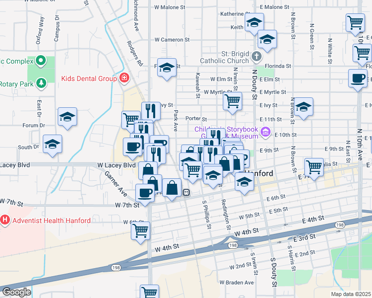 map of restaurants, bars, coffee shops, grocery stores, and more near 430 Ford Street in Hanford