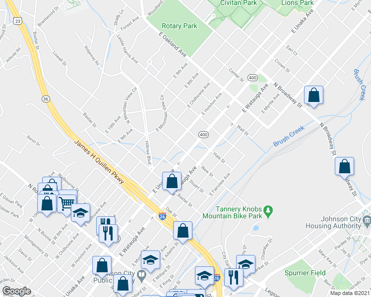 map of restaurants, bars, coffee shops, grocery stores, and more near 703 East Unaka Avenue in Johnson City