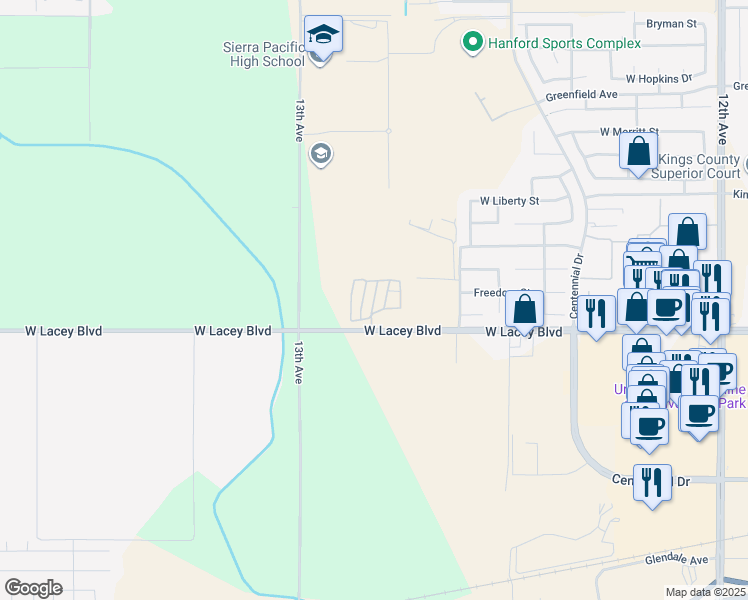 map of restaurants, bars, coffee shops, grocery stores, and more near 12846 West Lacey Boulevard in Hanford