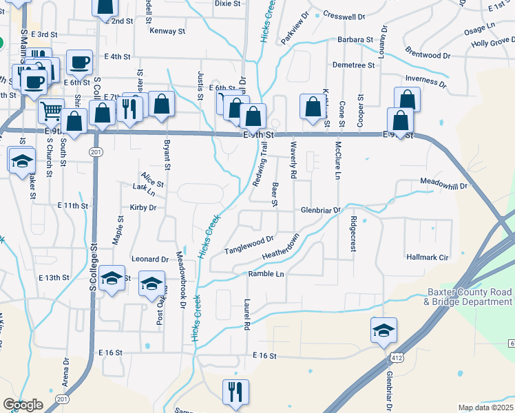map of restaurants, bars, coffee shops, grocery stores, and more near 942 Shay Drive in Mountain Home