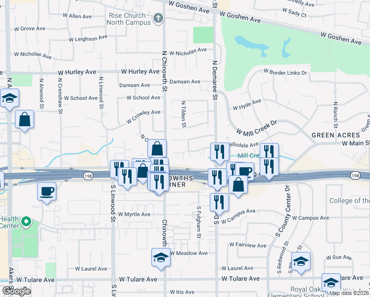 map of restaurants, bars, coffee shops, grocery stores, and more near 3905 West Hillsdale Court in Visalia