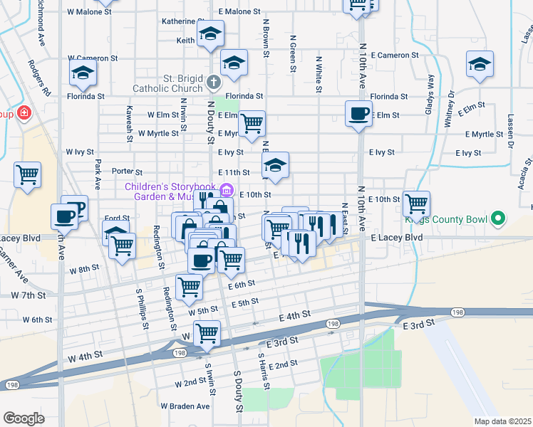 map of restaurants, bars, coffee shops, grocery stores, and more near 308 N Brown St in Hanford