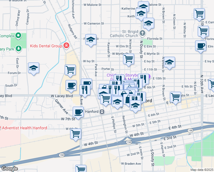map of restaurants, bars, coffee shops, grocery stores, and more near 415 Kaweah St in Hanford