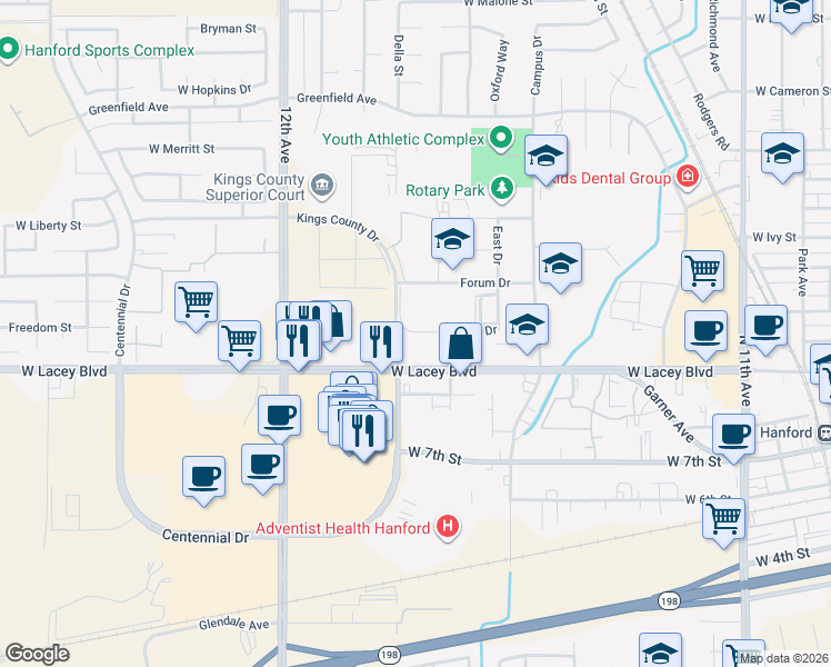 map of restaurants, bars, coffee shops, grocery stores, and more near 1524 West Lacey Boulevard in Hanford