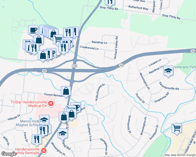 map of restaurants, bars, coffee shops, grocery stores, and more near 105 Cardinal Lane in Hendersonville
