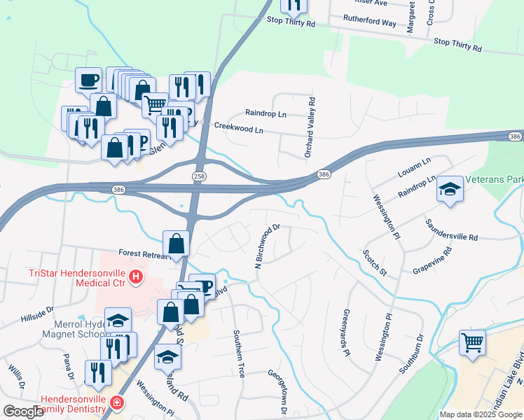 map of restaurants, bars, coffee shops, grocery stores, and more near 908 Cardinal Lane in Hendersonville